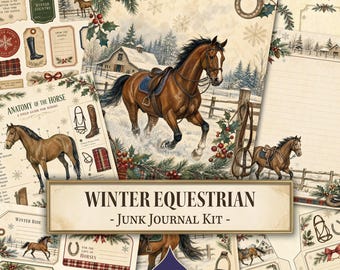 Winter Equestrian Junk Journal Kit, Horse Painting, Winter Landscape, Dark Academia, Christmas Scene, Printable Digital Download