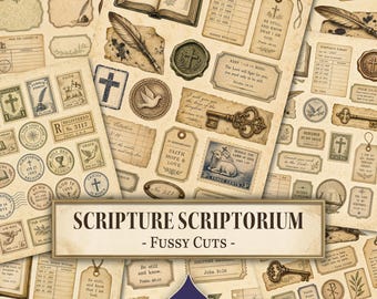 May include: A collection of vintage-style paper ephemera featuring religious motifs, including open books, quill pens, keys, wax seals, and stamps with scripture text. The sheet is labeled SCRIPTURE SCRIPTORIUM - FUSSY CUTS and includes an IndigoInk Press logo.