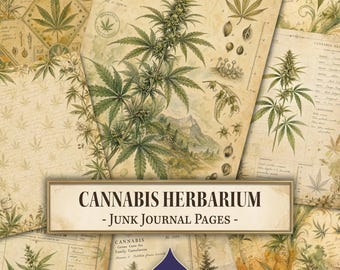 Cannabis-Herbarium-Seiten für Junk-Journals, Vintage-Briefe, Junk-Journal-Vorlage zum Ausdrucken, Digitaler Download, Scrapbook-Papier