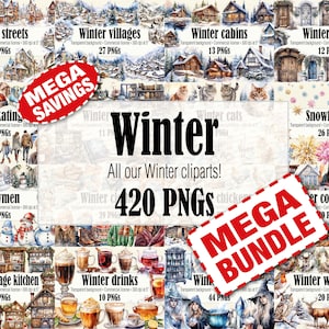 Winter Clipart Mega Bundle, Christmas Clipart Bundle, Winter PNG Bundle, Printable Christmas Scene Clipart, Holiday Clipart Invitation