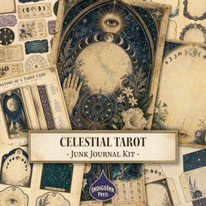 May include: A Celestial Tarot junk journal kit featuring vintage-style paper sheets with illustrations of moon phases, zodiac signs, tarot cards, an eye, and floral motifs. The text reads CELESTIAL TAROT - JUNK JOURNAL KIT - and INDIGO INK PRESS.