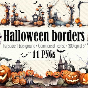 Op de afbeelding: Elf Halloween-thema digitale randen met pompoenen, spookachtige bomen en een spookhuis. De randen hebben een transparante achtergrond en zijn 300 dpi bij 5 inch.