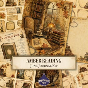Peut inclure: Un ensemble de papier éphémère pour un kit de junk journal intitulé Amber Reading. Le set présente des illustrations de style vintage de scènes de bibliothèque, de piles de livres, de lampes à huile, de feuilles d'automne et de cadres ornés.
