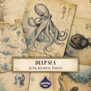 Puede incluir: Una colección de hojas de papel de estilo vintage con ilustraciones de las profundidades marinas, incluyendo un pulpo, un rape, caballitos de mar, medusas y un casco de buzo, con el texto DEEP SEA - JUNK JOURNAL PAGES - y el logo de IndigoInk Press.