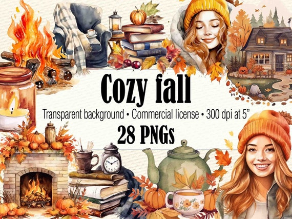 Fall Clipart, Cozy Autumn Fall Girl Clipart Boho Fall PNG, Bookish Clipart Watercolor Blanket Clipart, Fireplace Clipart Cottagecore Clipart