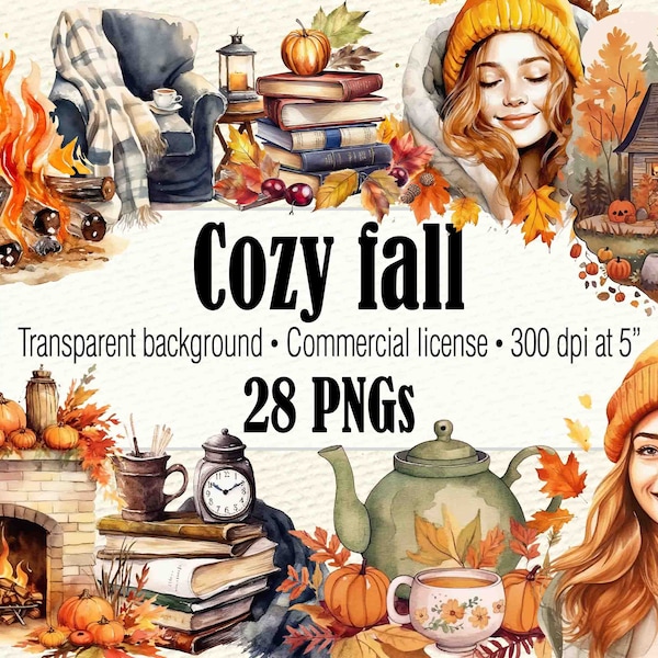 Fall Clipart, Cozy Autumn Fall Girl Clipart Boho Fall PNG, Bookish Clipart Watercolor Blanket Clipart, Fireplace Clipart Cottagecore Clipart