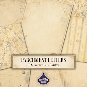 May include: A collection of parchment-style background pages featuring vintage-inspired designs with floral patterns, postal stamps, and script text. A central rectangular label displays the text PARCHMENT LETTERS - BACKGROUND PAGES -.