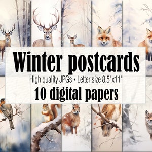 Papier numérique de carte postale d’hiver d’animaux de forêt d’hiver, scène de forêt de pays des merveilles d’hiver, aquarelle imprimable d’hiver Junk Journal Ephemera