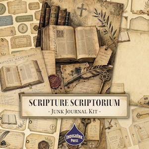 Könnte beinhalten: Ein Junk-Journal-Set mit dem Titel SCRIPTURE SCRIPTORIUM, bestehend aus Papier-Ephemera im Vintage-Stil, darunter Abbildungen von offenen Büchern, Federkielen, Schlüsseln, Wachssiegeln und religiösen Symbolen in Sepia- und Cremetönen.