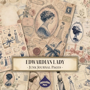 Peut inclure: Une collection de pages de journal créatif au style vintage présentant des illustrations de dames édouardiennes, des motifs floraux, des timbres, des sceaux de cire et du texte de correspondance manuscrit, avec des cadres ovales et des rubans.