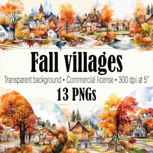 Fall Village Clipart, Cozy Autumn Clipart, Cottagecore Clipart, Watercolor Fall Landscape Clipart, House Clipart, Front Door Porch Clipart
