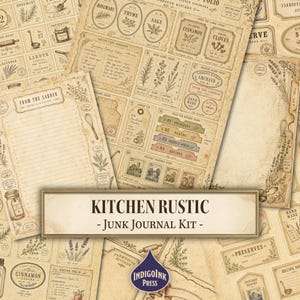 Op de afbeelding: Een verzameling vellen papier in vintage-stijl voor een junk journal-kit met keuken- en kruidenthema's. De ontwerpen bevatten receptenkaarten, labels voor kaneel en kruidnagel, voorraadlabels en botanische illustraties van rozemarijn en lavendel.