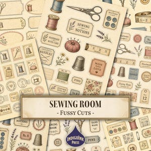 Könnte beinhalten: Eine Sammlung von Papier-Ausschnitten im Vintage-Stil zum Thema Nähen mit Illustrationen von Garnrollen, Scheren, Fingerhüten, Nadelkissen, Knöpfen, Linealen und Etiketten mit Texten wie Sewing Notions, Handmade With Care und Made With Love.