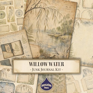 May include: A collection of vintage-style paper ephemera featuring botanical illustrations of willow trees, ferns, and dragonflies. The set includes journal pages, tags, and labels with aged textures, sepia tones, and the text Willow Water Junk Journal Kit.