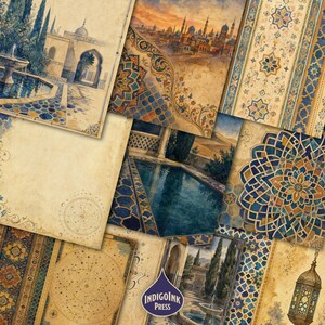 Arabian Nights Junk Journal Pages, Watercolor Islamic Patterns, Mystic Digital Papers, Line Art, Junk Journal Printable, Digital Download image 3