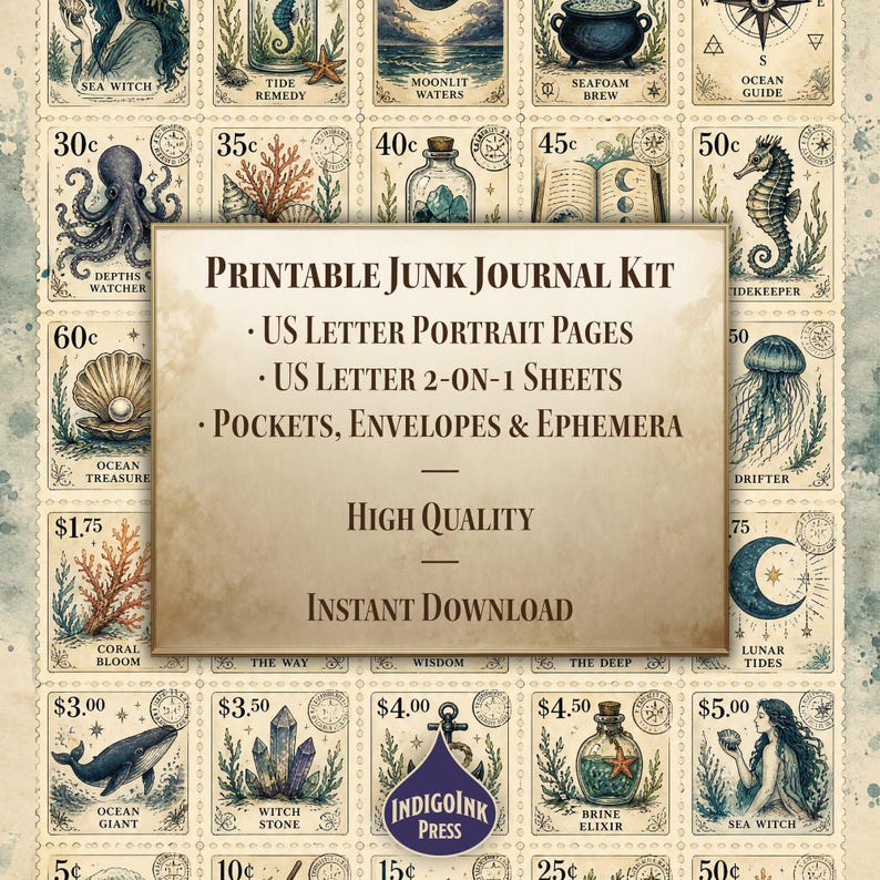Sea Witch Junk Journal Kit, Grimoirepagina's, Heksenjournal, Apothekersdagboek, Botanische efemera, Spreukenboek, Printbare digitale download afbeelding 5
