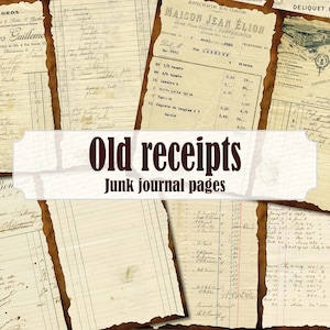 Recibos de papel de pergamino envejecido, páginas de diario basura grungy, cheques bancarios antiguos, carta manuscrita, efímera francesa, cartas victorianas antiguas
