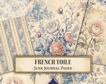 French Toile Junk Journal Pages, Vintage Stationery, Fabric Swatches, Old Paper Trims, Junk Journal Printable, Digital Download