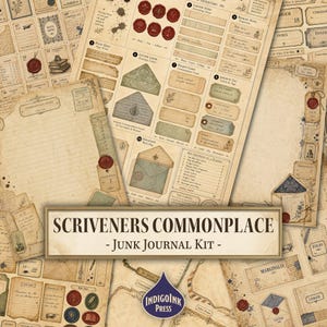 Può includere: Un kit per junk journal Scriveners Commonplace con elementi cartacei in stile vintage, tra cui strisce per registro, fodere per buste, schede tascabili, etichette d'archivio e illustrazioni di sigilli in ceralacca su carta color crema.