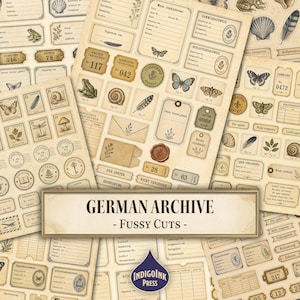 May include: A collection of vintage-style paper ephemera featuring German text, including labels, tags, and cards decorated with illustrations of butterflies, frogs, shells, feathers, mushrooms, and botanical elements on a cream-colored background.