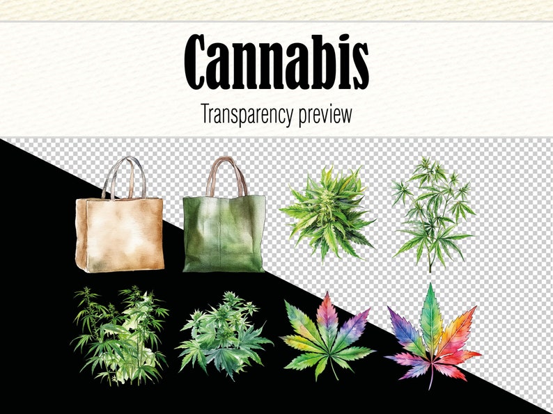 Cannabis Clipart-Dateien, Aquarell Hanf Clipart Bundle, Marihuana PNG Wandkunst, Aquarell Cannabis Scrapbook Art, Pot Leaf Bild 4