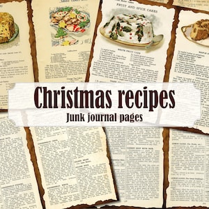 Páginas de diário de lixo de receitas de Natal vintage, diário de lixo de culinária de coisas efêmeras de Natal retrô, diário de receitas de livro de receitas digital antigo para impressão