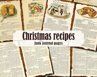 Vintage Weihnachten Rezept Junk Journal Seiten, Retro Weihnachts Ephemera Kochen Junk Journal, altes digitales Kochbuch Rezept Journal Printable