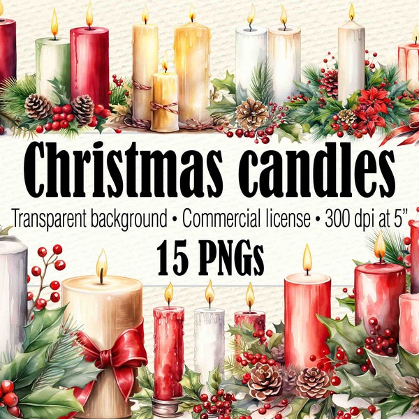 Christmas Candle PNG, Holiday Candles Clipart, Watercolor Christmas Clipart, Cozy Winter Clipart For Commercial Use, Christmas Ephemera