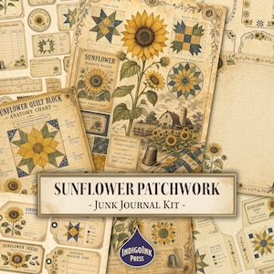 Könnte beinhalten: Ein Sunflower Patchwork Junk-Journal-Set mit Papierbögen im Vintage-Stil, die Sonnenblumenillustrationen, Quiltblock-Diagramme, anatomische Tabellen und Etiketten zeigen. Die Designs enthalten gelbe Sonnenblumen sowie blau-gelbe Muster.