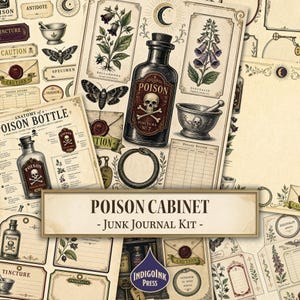 Pode incluir: Um kit de junk journal Poison Cabinet com ilustrações de estilo vintage de frascos de veneno com caveiras, beladona, dedaleira, traças, almofarizes, pilões e símbolos Ouroboros em papel envelhecido com o texto Poison Cabinet Junk Journal Kit.
