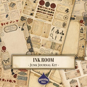 May include: A junk journal kit titled INK ROOM featuring vintage-style paper ephemera, including ledger fragments, wax seal illustrations, botanical sketches, ink bottles, stamps, and labels on aged, cream-colored parchment with dark ink details.
