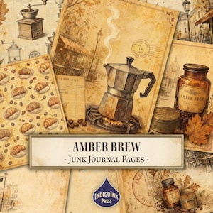 Peut inclure: Une collection de pages de journal de style vintage avec des illustrations sépia d'une cafetière moka sur une cuisinière, des grains de café, des croissants et un bocal en verre ambré étiqueté Amber Brew. Le texte indique AMBER BREW - JUNK JOURNAL PAGES -.