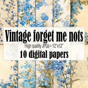 vintage Flowers Forget Me Not Floral Papier numérique, Pages de journal indésirable en papier floral bleu, Fleurs bleues Shabby Chic Journal Background
