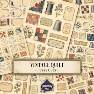 Peut inclure: Une collection d'autocollants en papier de style vintage représentant des blocs de courtepointe, des bobines de fil, des dés à coudre, des règles et des illustrations florales. Les étiquettes portent des textes comme 'Piece and be happy'.