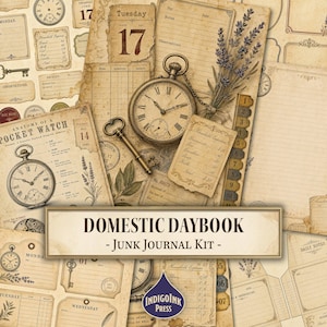 Puede incluir: Un kit de diario creativo titulado Domestic Daybook con papeles en tonos sepia que incluyen ilustraciones de relojes de bolsillo, llaves, ramas de lavanda y formularios de gastos domésticos. La colección incluye pestañas numeradas y varias plantillas.