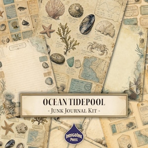 May include: A selection of vintage-style paper sheets featuring illustrations of seashells, starfish, and marine life. The papers have a beige background with handwritten notes and the text "OCEAN TIDEPOOL - JUNK JOURNAL KIT -" in a banner.