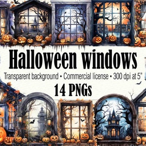 May include: A set of 14 digital Halloween window illustrations with a transparent background. The windows feature various spooky scenes, including a haunted house, a graveyard, and a full moon. Each window is decorated with pumpkins and other Halloween decorations. The text "Halloween windows" and "14 PNGs" is visible in the image.