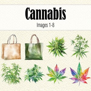 K&ouml;nnte beinhalten: Zwei Tragetaschen, eine braune und eine gr&uuml;ne, mit Illustrationen von Cannabispflanzen. Das Bild zeigt au&szlig;erdem acht verschiedene Illustrationen von Cannabispflanzen in verschiedenen Wachstums- und Farbstufen.