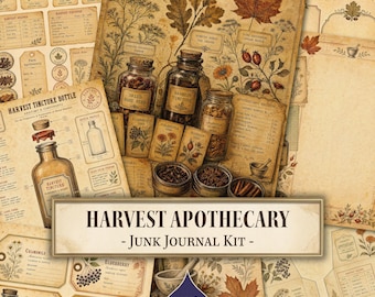 May include: A Harvest Apothecary junk journal kit featuring vintage-style paper sheets with botanical illustrations, apothecary labels, diagrams of tincture bottles, and harvest records. The collection includes sepia-toned designs with dried herbs, glass jars, and autumn leaves, all labelled with text like Harvest Apothecary and Harvest Tincture.
