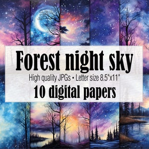 Carta del cielo notturno stellato della foresta magica, carta digitale sotto le stelle, carta digitale della galassia, diario della spazzatura della strega effimera fantasy, sfondo del cielo