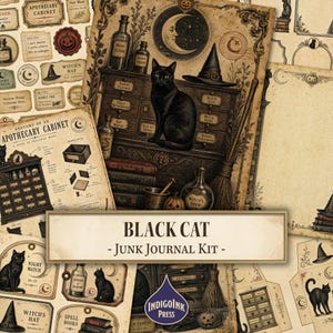May include: A junk journal kit featuring a black cat, apothecary cabinets, witch hats, moons, and potion bottles in a vintage aesthetic. The collection includes various paper sheets with illustrations of spell books, brooms, and labels with text.