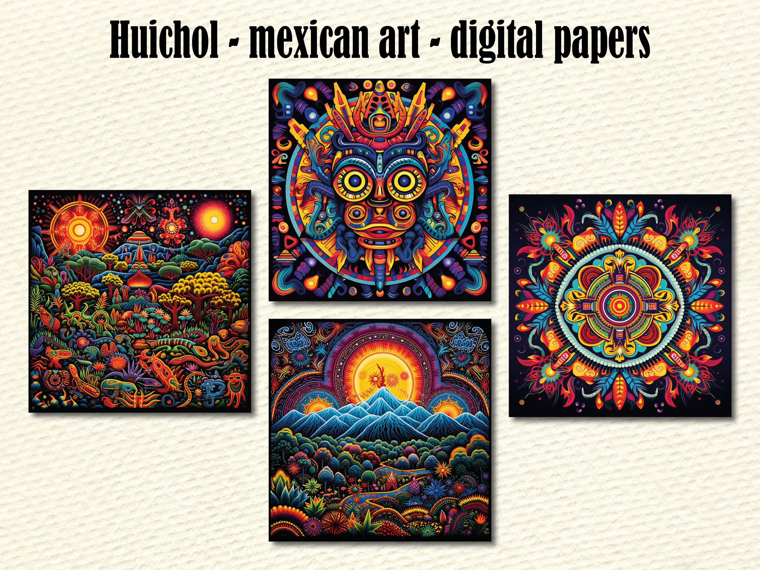 Arte Huichol Digital Paper, Mexican Folk Art Trippy Wall Art