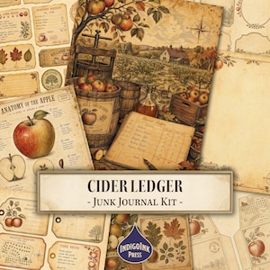 Cider Ledger Junk Journal Kit, Fall Botanical Ephemera, Autumn Ledger Paper, Recipe Cards, Hang Tags, Printable Digital Download