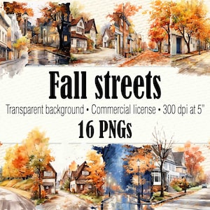 Fall Streets House Clipart, Cozy Autumn Clipart, Fall Landscape Clipart Halloween Village, Thanksgiving Farmhouse Clipart Front Door Clipart