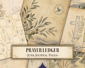May include: A collection of vintage-style paper sheets for junk journaling, featuring printed illustrations of olive branches, crosses, wheat stalks, and birds. The pages include ledger lines, prayer log templates, and the text PRAYER LEDGER - JUNK JOURNAL PAGES.