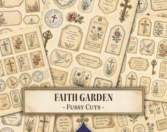May include: A collection of vintage-style paper ephemera featuring religious motifs, floral illustrations, and scripture verses. The sheet includes various labels, tags, and stamps with text like FAITH GARDEN - FUSSY CUTS and INDIGOINK PRESS.
