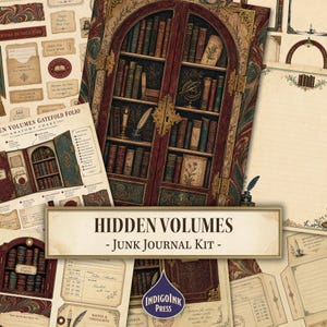 Könnte beinhalten: Ein Junk-Journal-Set mit dem Titel Hidden Volumes, bestehend aus bedruckten Papierbögen mit Illustrationen eines mit Büchern gefüllten Holzregals, Bibliothekskarten, linierten Briefbögen und dekorativen Rahmen in Braun-, Rot- und Grüntönen.