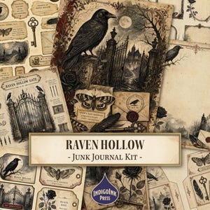 Könnte beinhalten: Ein Raven Hollow Junk-Journal-Set mit Papier-Ephemera im Vintage-Stil, das Illustrationen von Raben, gotischen Toren, Motten, Rosen, Schlüsseln und wachssiegelten Umschlägen in Sepia- und Schwarztönen sowie den Text Raven Hollow Gate enthält.