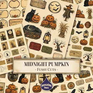 May include: A collection of Halloween-themed paper ephemera featuring illustrations of jack-o'-lanterns, black cats, scarecrows, lanterns, bats, and trees. The sheets include various labels, tickets, and stamps with text like Midnight Pumpkin Patch.