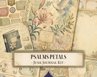 May include: A junk journal kit titled Psalms Petals featuring vintage-style paper sheets with illustrations of white doves, pink lilies, olive branches, and crosses. The collection includes various decorative tags, labels, and journal pages with religious text.
